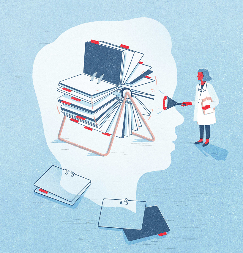 Illustration of a doctor shining a light on a giant rolodex