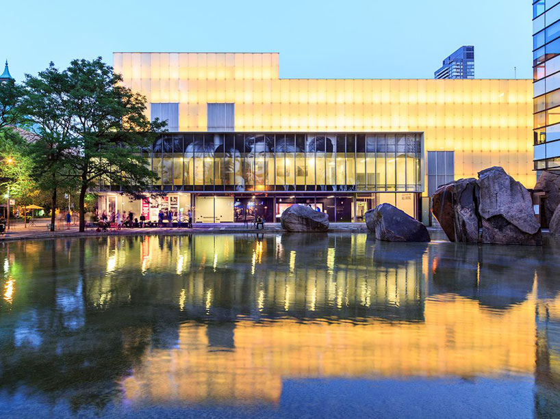 The Ryerson Image Centre lit up in yellow for Wrongful Conviction Day