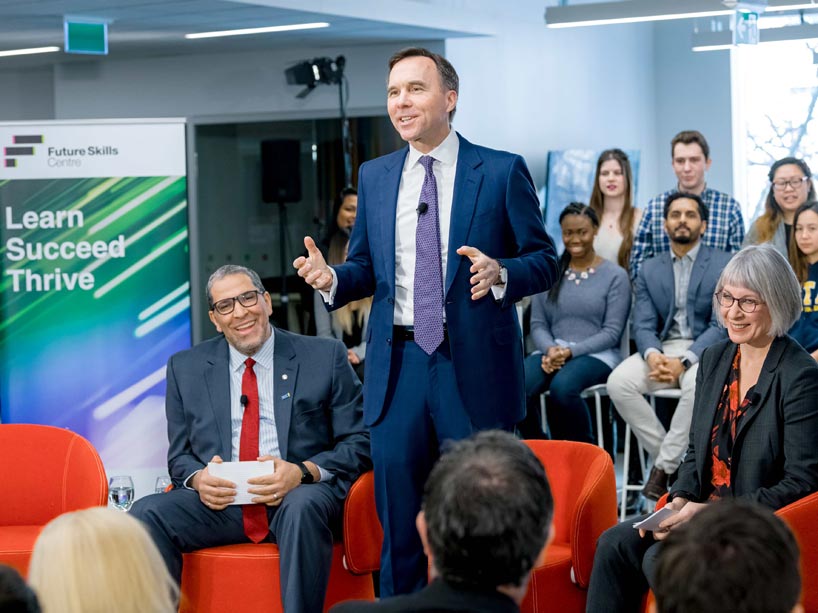 President Mohamed Lachemi, Minister of Finance Bill Morneau, at the announcement of the Future Skills Centre partners