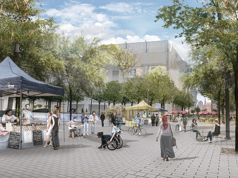 Artist’s rendering of Gould Street with open space, people walking and a farmers’ market