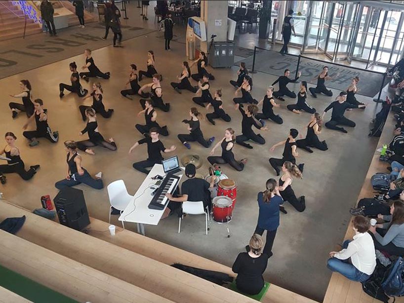 Aerial shot of doing yoga in the atrium of the SLC