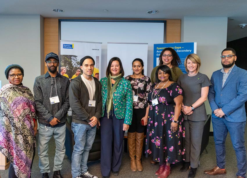 Spanning the Gaps students celebrate TD’s $1-million gift to the program with Andrea C. Barrack (second from right) and Chang School Dean Marie Bountrogianni (centre).