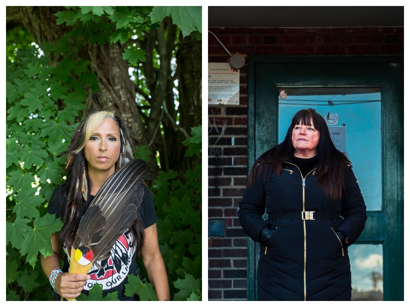 From left: Pam Palmater holding a traditional fan of eagle feathers and surrounded by greenery, left, and Lynn Lavallée outdoors in Regent Park