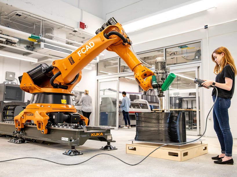 A student stands with a controller in front of a large KUKA robot in the large lab space.