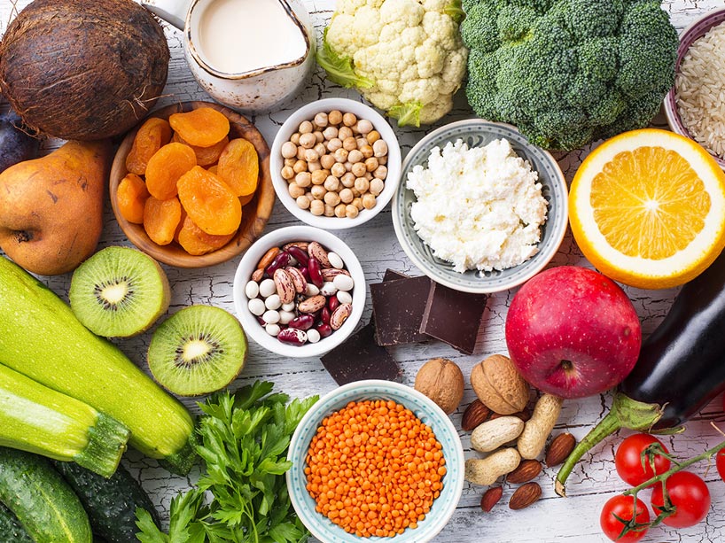 A collection of fresh produce and grains