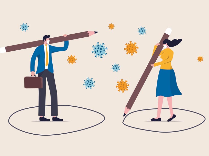 An illustration of two people drawing a circle around themselves, with images of a virus floating around