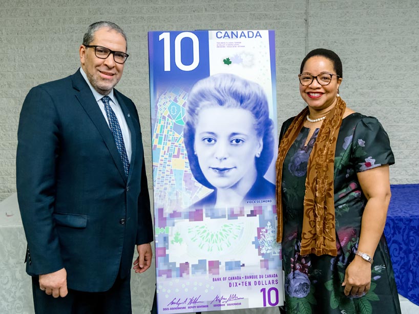 President Mohamed Lachemi and Vice-President Denise O'Neil Green flanking a Viola Desmond poster