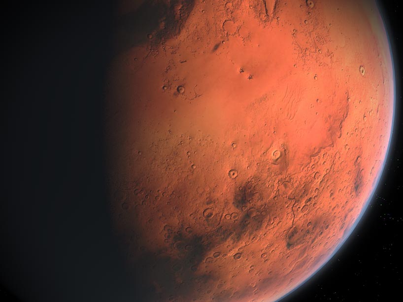 illustration of partially eclipsed Mars from outer space