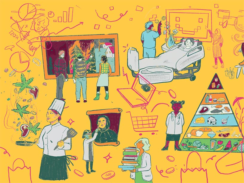 Illustration of various professions including healthcare workers and hospitality employees.