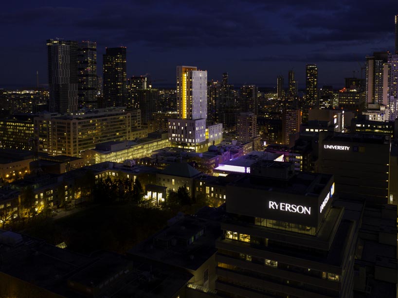 Aerial view of Ryerson campus at night
