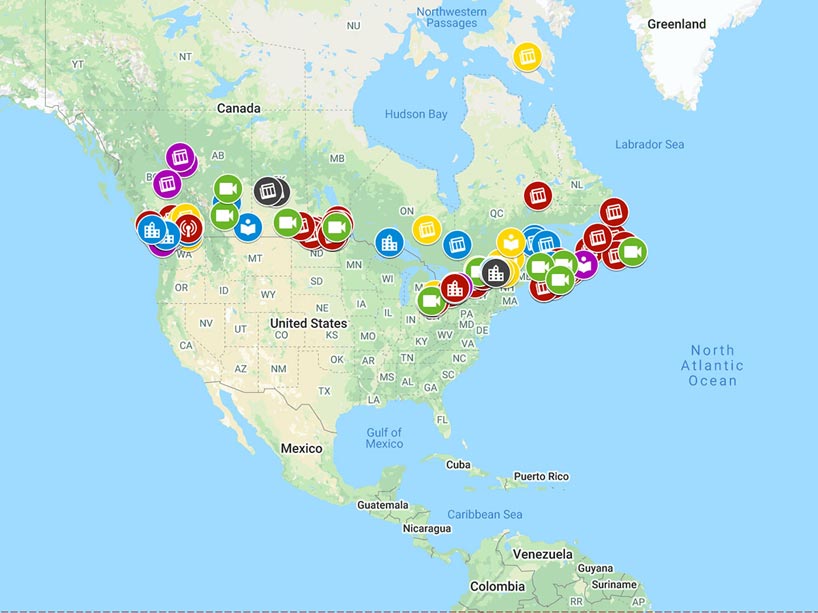  a map of North America with icons representing various media and impacts of the pandemic on media outlets