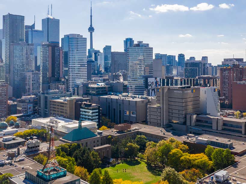 Aerial view of the Ryerson quad with the CN Tower in the background