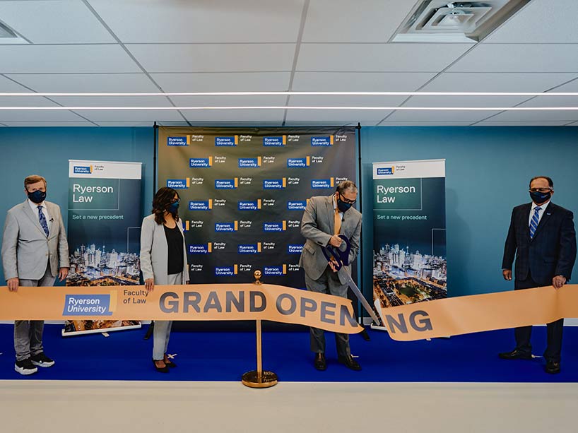 From left to right: Mayor John Tory, Dean Donna Young, President Mohamed Lachemi and Interim Provost Saeed Zolfaghari at the ribbon cutting ceremony