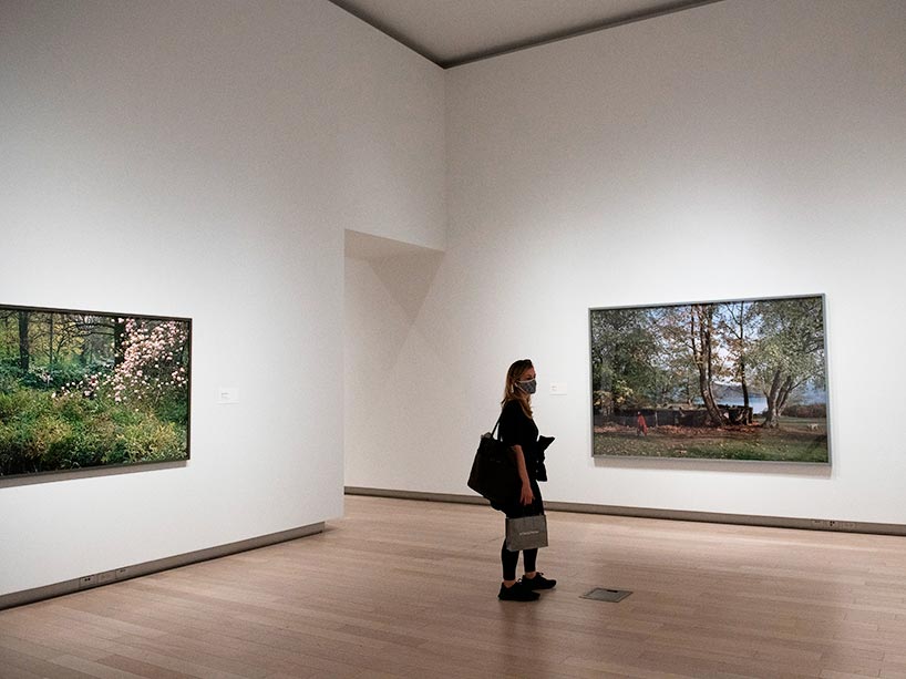 A woman stands in the gallery in front of large artwork on two walls