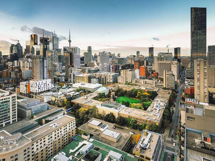 Aerial view of the Ryerson campus with the city in the background