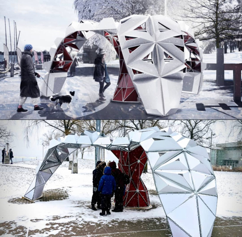 A rendering and real structure that is full of reflective mirrors