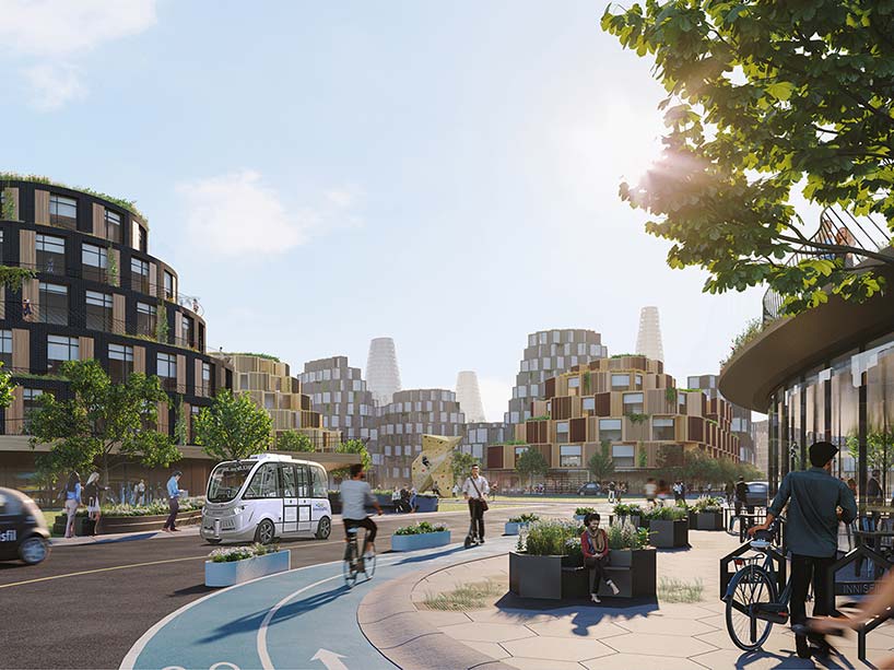 A rendering of a small town with urban innovations, with a modern transit system pictured along with bike lanes.