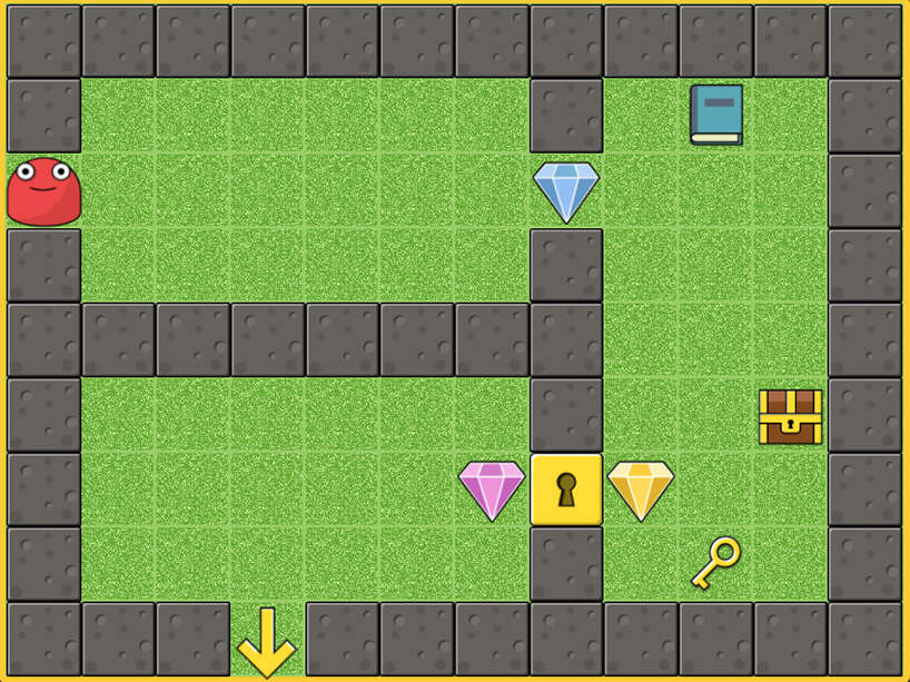 Green maze with grey obstacles, collectible gems, notebook, treasure chest and key to unlock the next round.