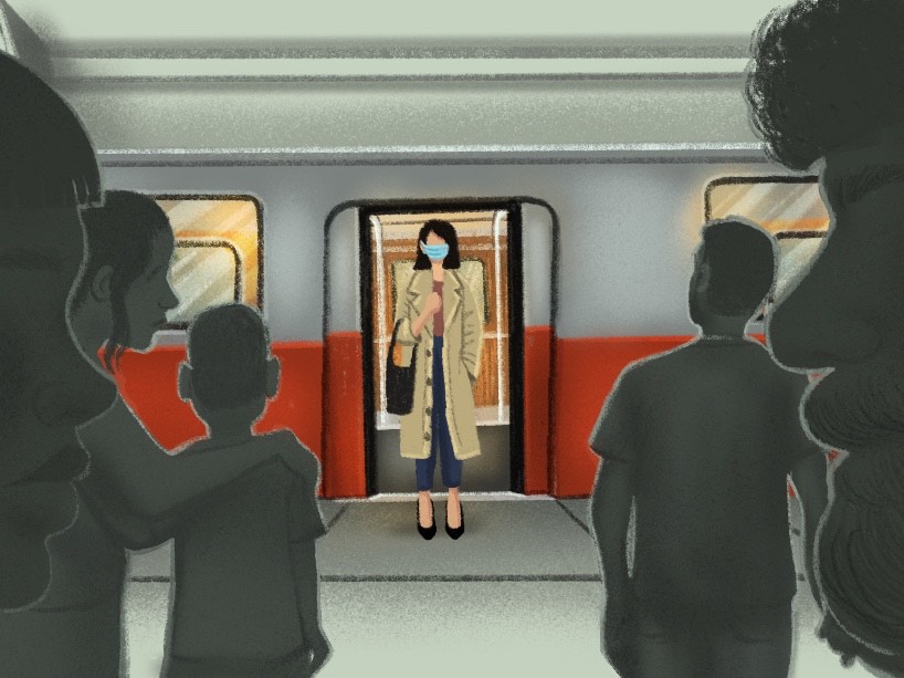 Woman wearing mask standing alone in front of subway train, silhouette of ominous crowd around her.