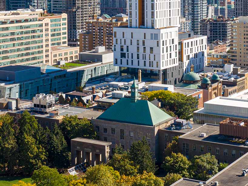 An aerial shot of the university campus on a sunny day.