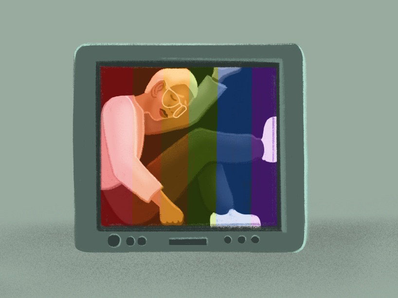 A person stuck in a television box with rainbow colours on the screen.