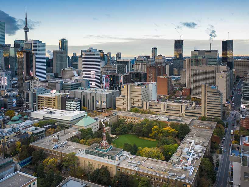 Aerial shot of downtown Toronto featuring the Ryerson University campus.