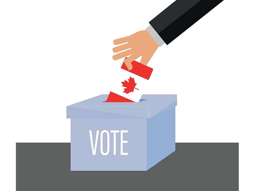 Forearm dropping a ballot with the Canadian flag into a ballot box with ‘vote’ written on it.