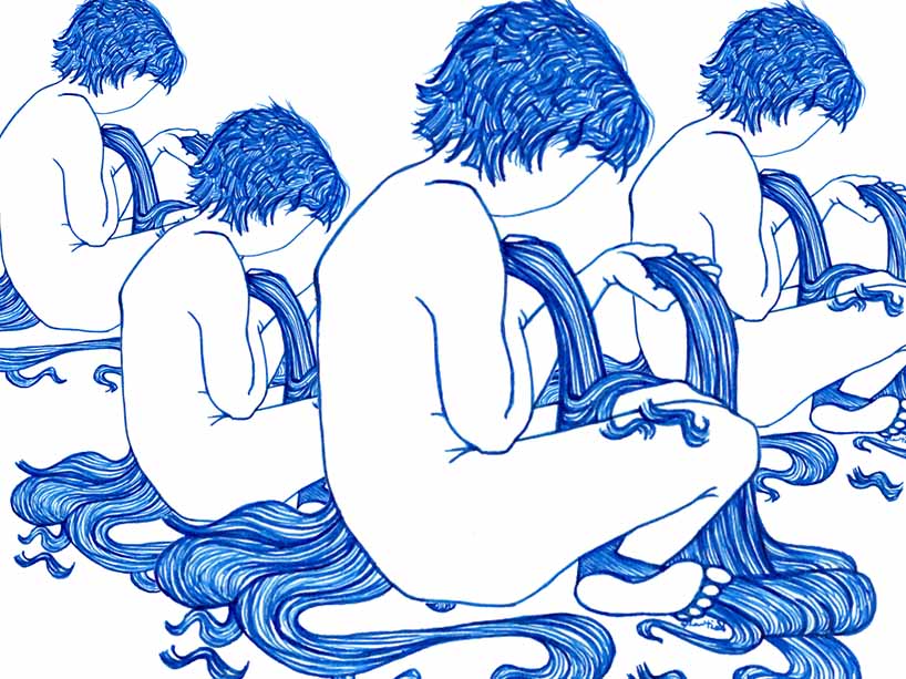 An illustration of children sitting holding their cut hair with their heads turned down.