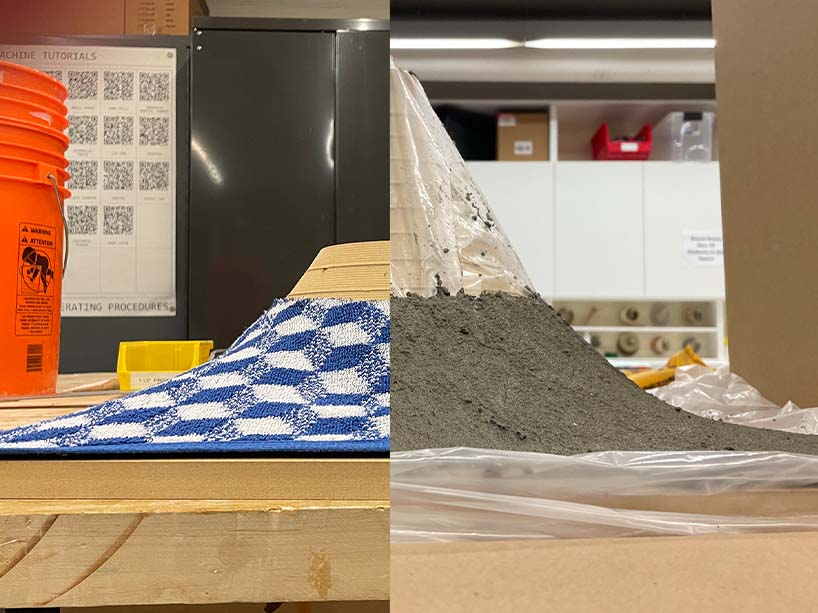 Side by side images of a beach towel before and after it is mixed with concrete