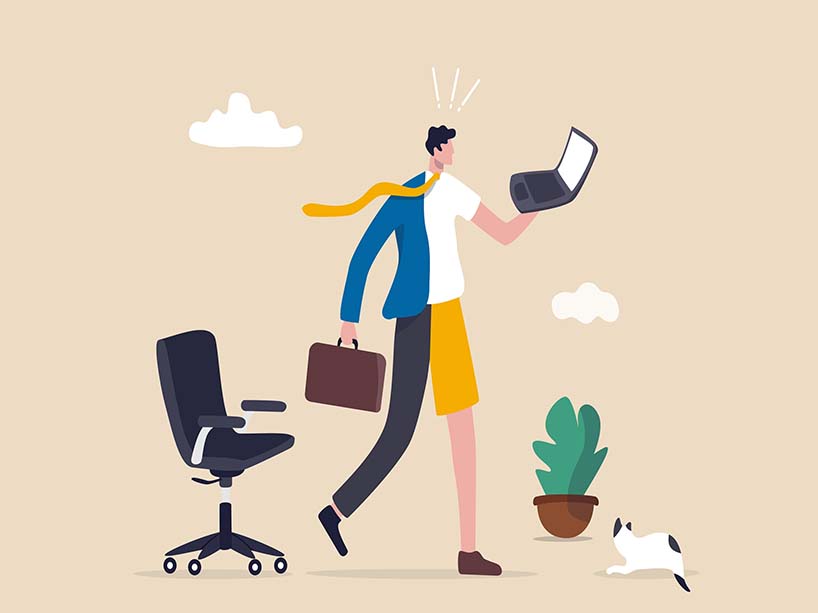 An illustration of a person walking with a briefcase in one hand, a laptop in the other, and a chair behind him.