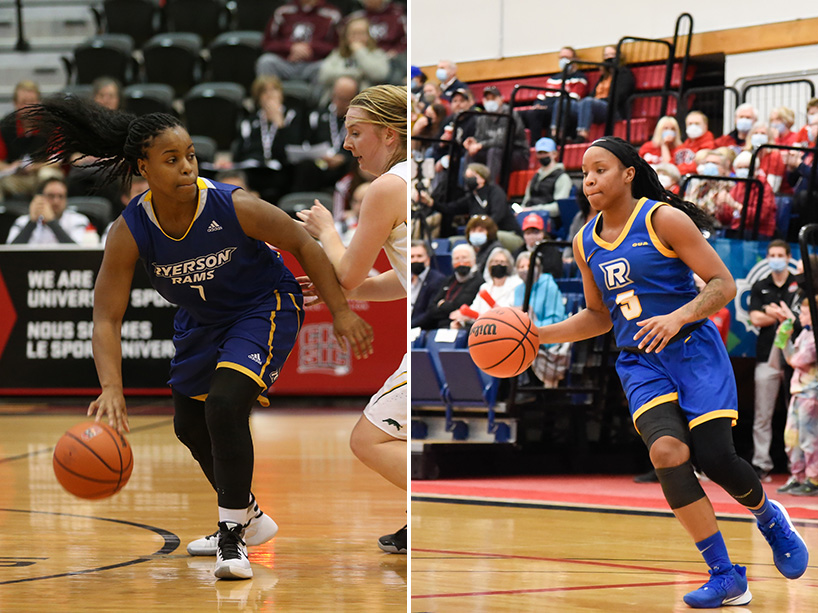Two photos of women playing basketball. Keneca Giles on the left and Kyia Giles on the right.