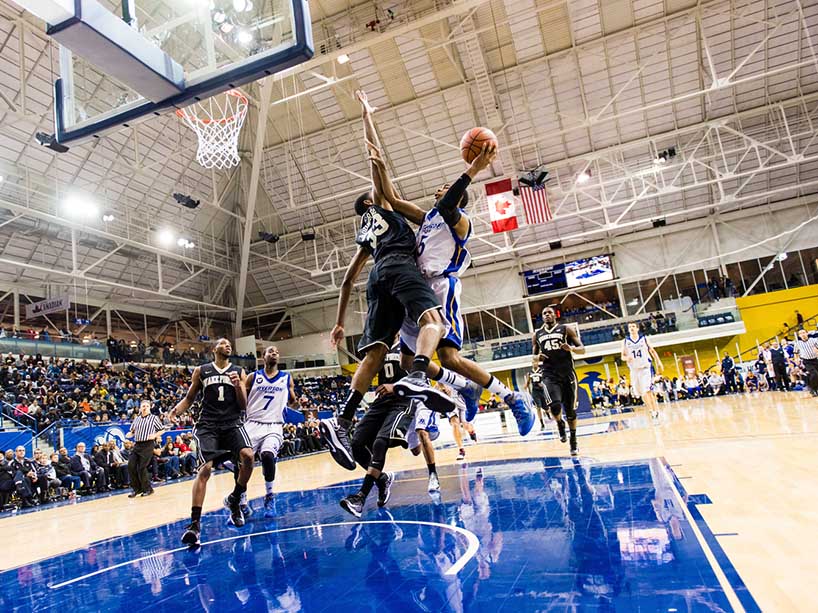 TMU basketball players on the court.