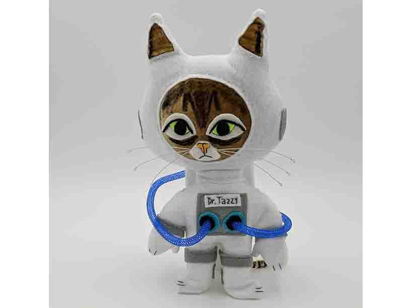Felt stuffed animal tabby cat in an astronaut suit