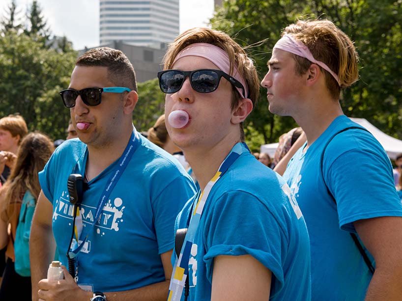 Students blow bubble gum as part of Guiness World Record event at Orientation Week.
