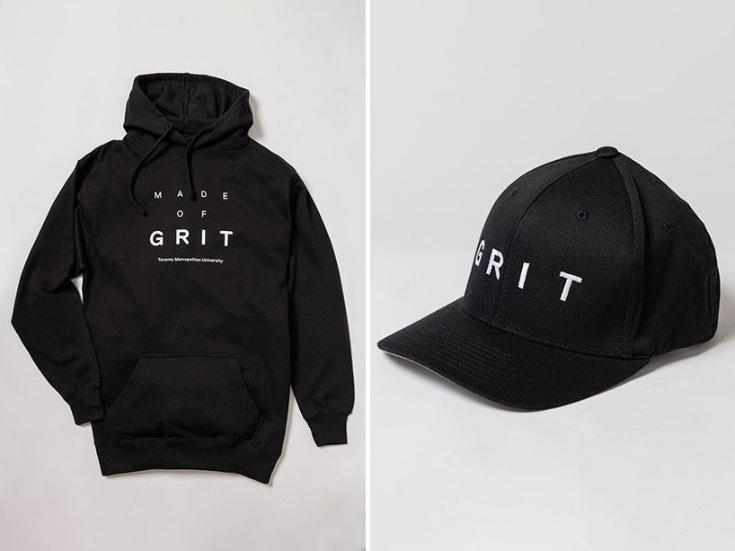 Black hoodie (left) and black ballcap (right) with Grit logo. 