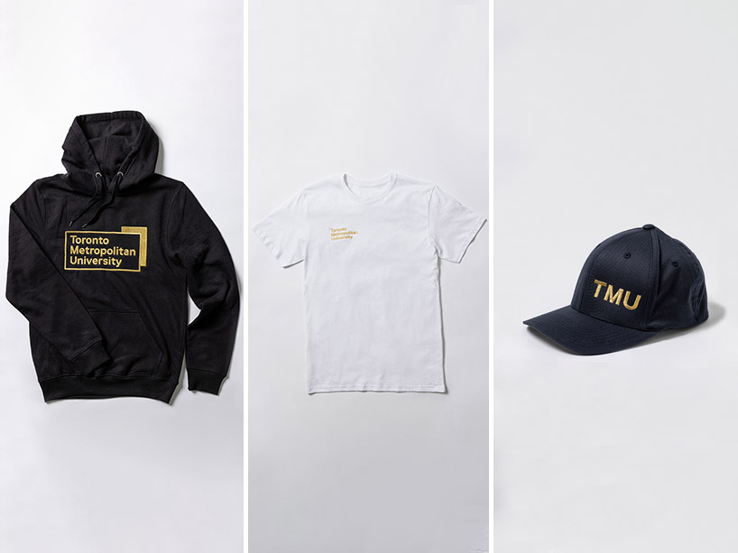 From left: Black hoodie with golden TMU logo, white t-shirt with gold TMU signage, black ball cap with gold TMU signage.