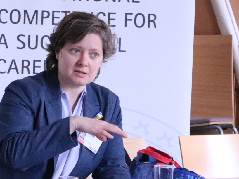 Alissa Novitchkova speaks on a discussion panel during an advocacy visit in Vienna.
