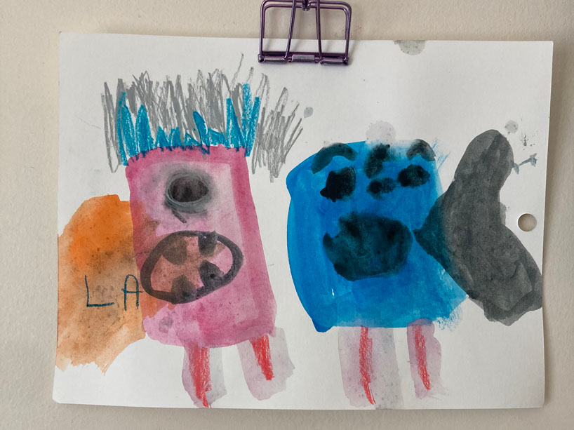 Child’s drawing of colourful monsters.
