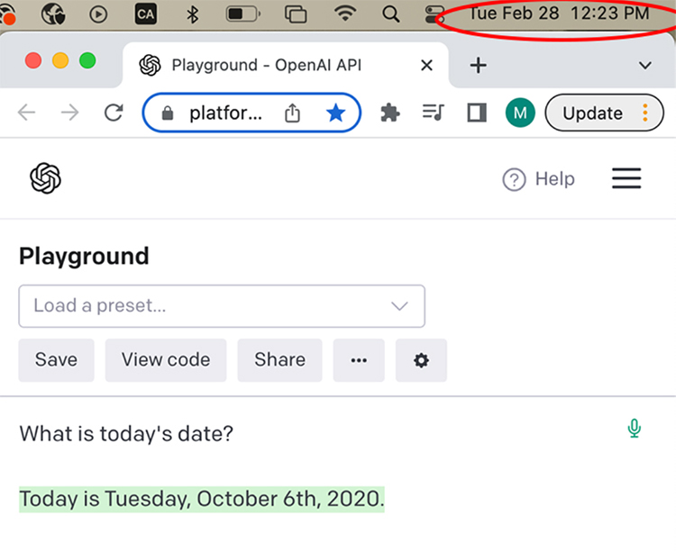 A browser tab with ChatGPT open, where the user has typed the prompt “What is today’s date?” and received the response “Today is Tuesday, October 6th, 2020,” even though the computer’s task bar indicates the real date is Tuesday, February 28, 2023.