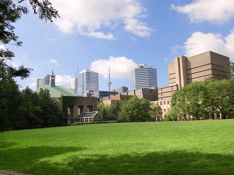 The TMU quad with CN tower in the distance.