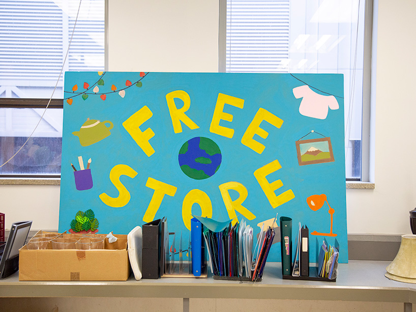 Signage for the pop-up reads ‘Free Store’.