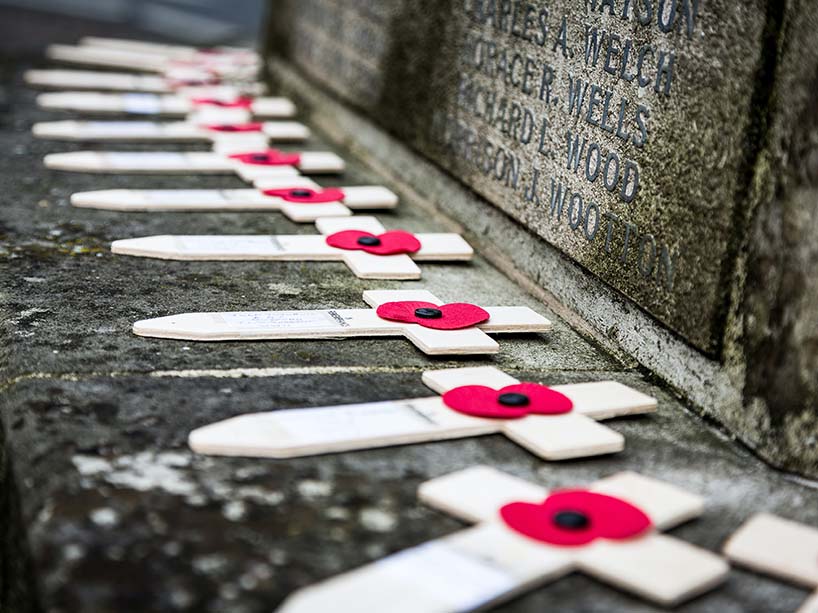 A series of crosses with poppies on them. 