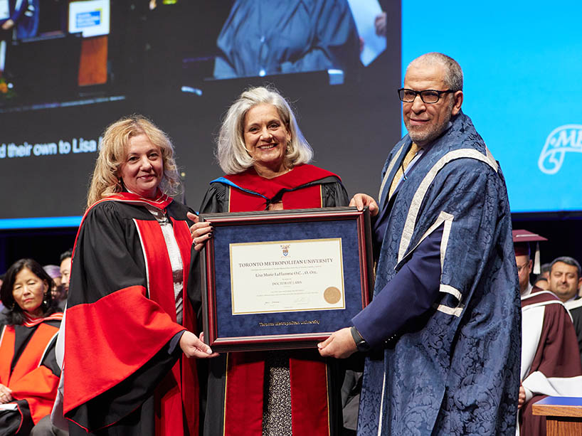 TMU Provost and Vice-President, Academic, Roberta Iannacito-Provenzano, highly acclaimed Canadian journalist Lisa LaFlamme, centre, who received an honorary doctorate in 2023, and at right, TMU President and Vice-Chancellor Mohamed Lachemi.