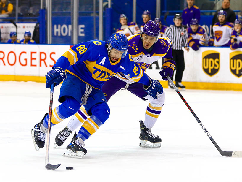 TMU Bold men’s hockey player Kyle Bollers in action fighting to keep the puck away from an opponent.
