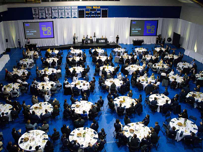 Overhead shot of players at the awards breakfast.