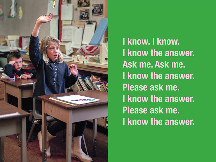 A photograph of a student at a desk with their hand raised on the left side, on the right side text repeatedly saying “I know the answer, Ask me”.