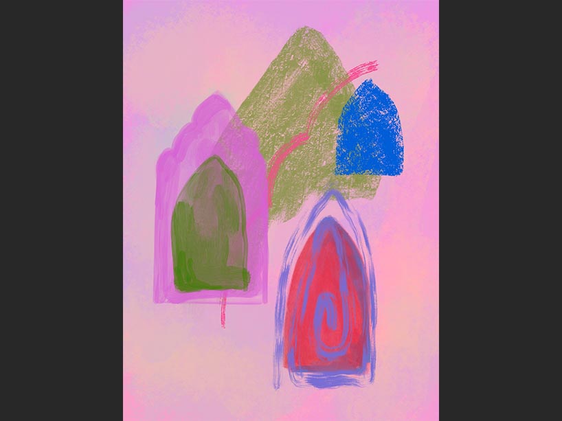 A painting on a pink background with various shapes and colours