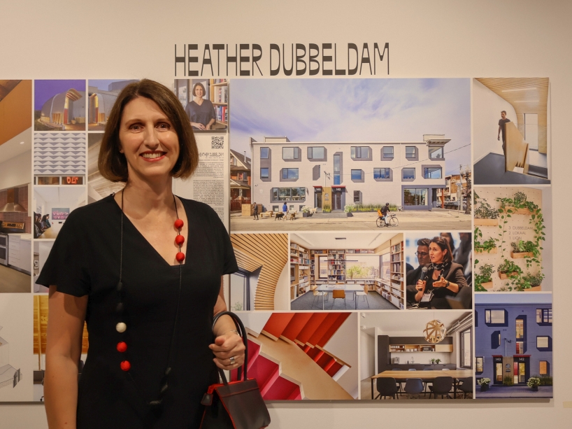 Architect Heather Dubbledam standing in front of her featured work