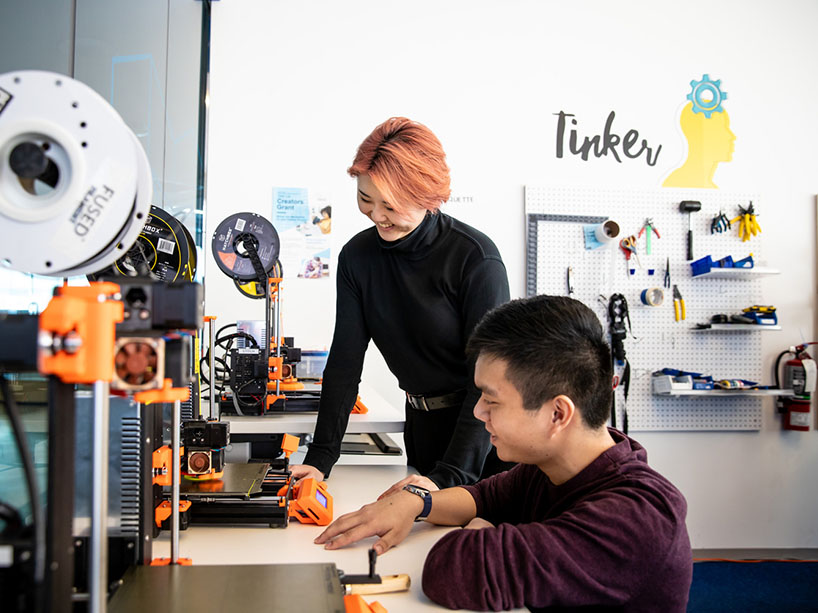 Two students working in a lab together.