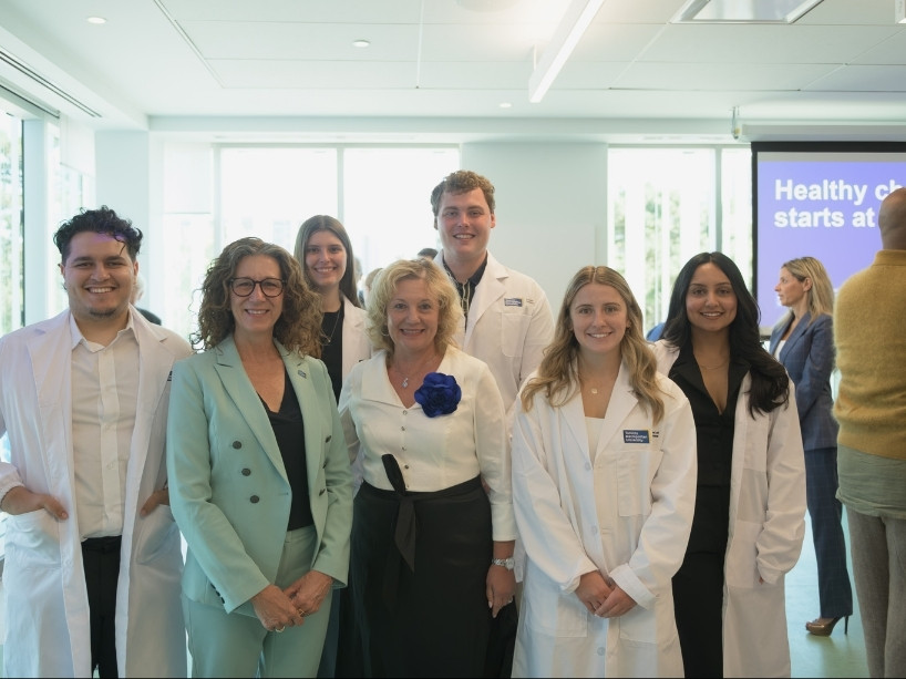 TMU Board Chair Catherine Paisley and Provost and Vice-President Academic, Roberta Iannacito-Provenzano pictured standing with members of the incoming inaugural class: Adrian Sejdijaj, Vanessa Wilson, Holden Flindall, Olivia Beausoleil and Gurleen Kaur Chahal. 